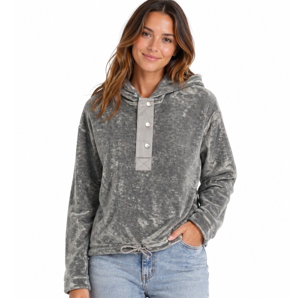 Hollister Hoodie Womens Small Grey Faux Fur Snap Neck Drawstring Hem Soft Cozy